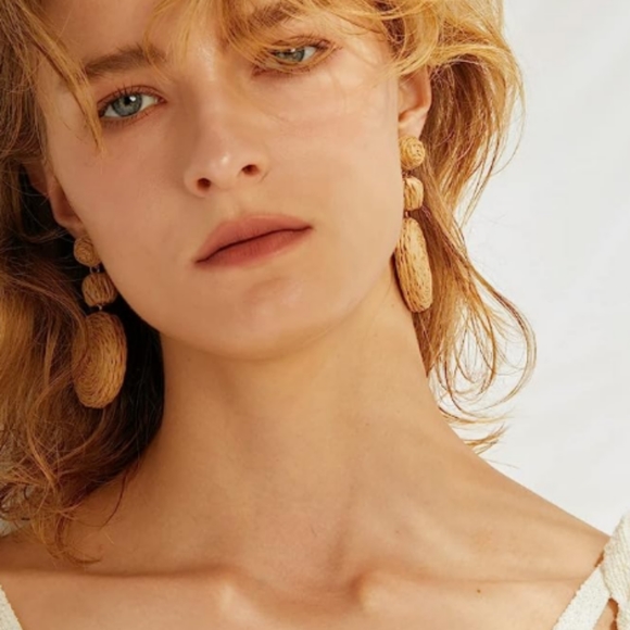 Tan Rafia Earrings Wicker Beach Statement Rattan Big Straw Dangle 80s 90s Retro - Picture 5 of 10